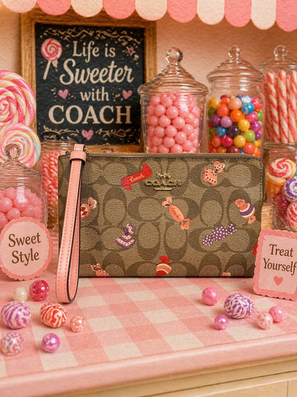 Coach Candy Print Large Corner Zip Wristlet In Signature Canvas NWOT - Picture 3 of 5